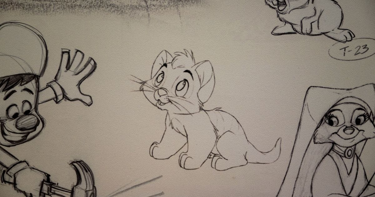 Pencil production sketch mural showing kitten Oliver from Oliver and Company surrounded by Fix-It Felix Jr. and Maid Marian