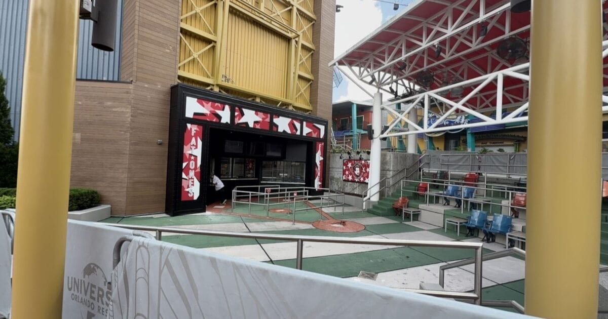 Fat One's opening banner and outdoor patio seating at Universal CityWalk