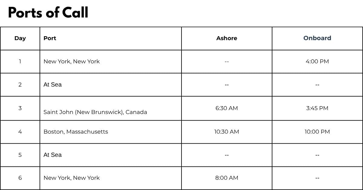 Disney Wish 5-Night Canada & New England Cruise 2027 Booking Guide 3 Complete daily port timetable and ashore/onboard hours for the 5-night Disney cruise from New York