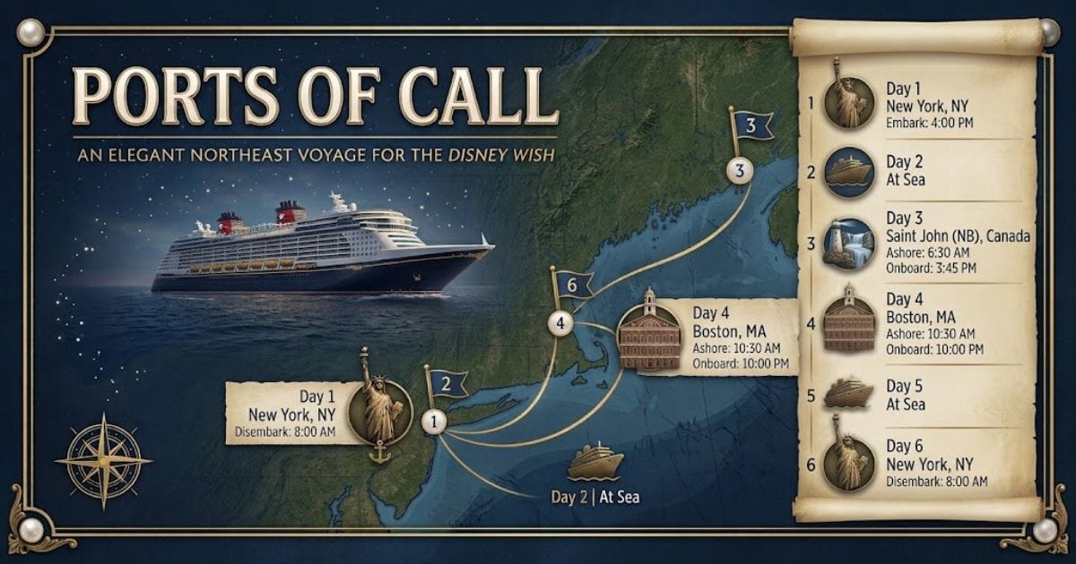 Disney Wish 5-Night Canada & New England Cruise 2027 Booking Guide 2 Route map of the 5-night Northeast Disney Wish cruise featuring stops in New York, Saint John, and Boston