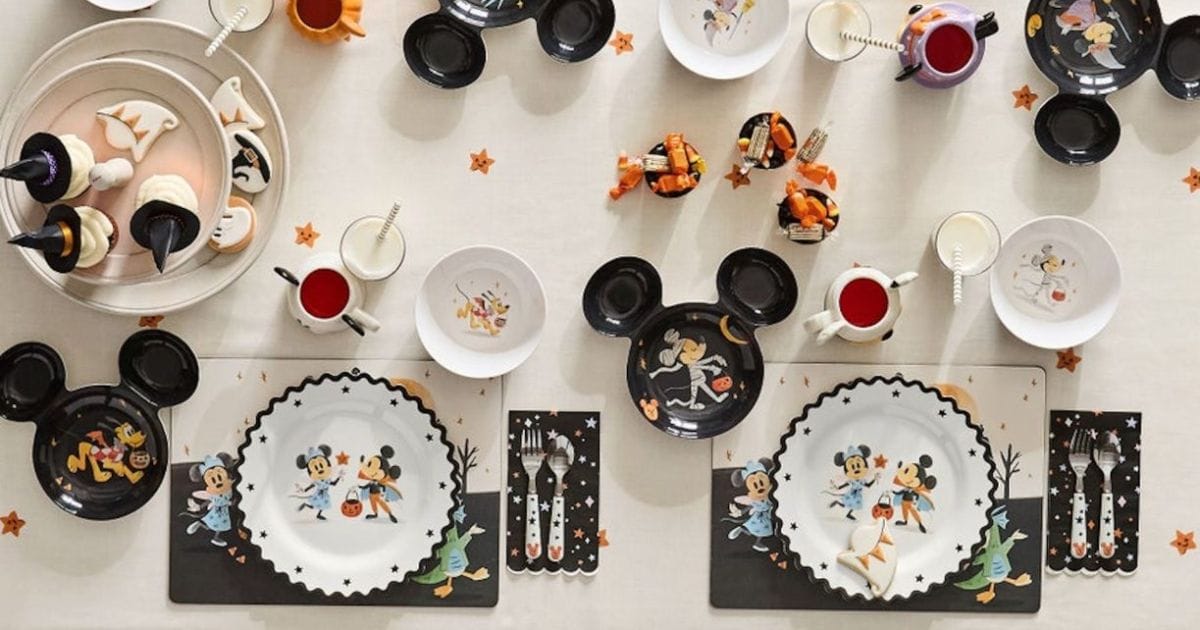 Pottery Barn Kids Mickey Mouse and Friends Halloween tableware with Mickey and Minnie in costume on plates and bowls