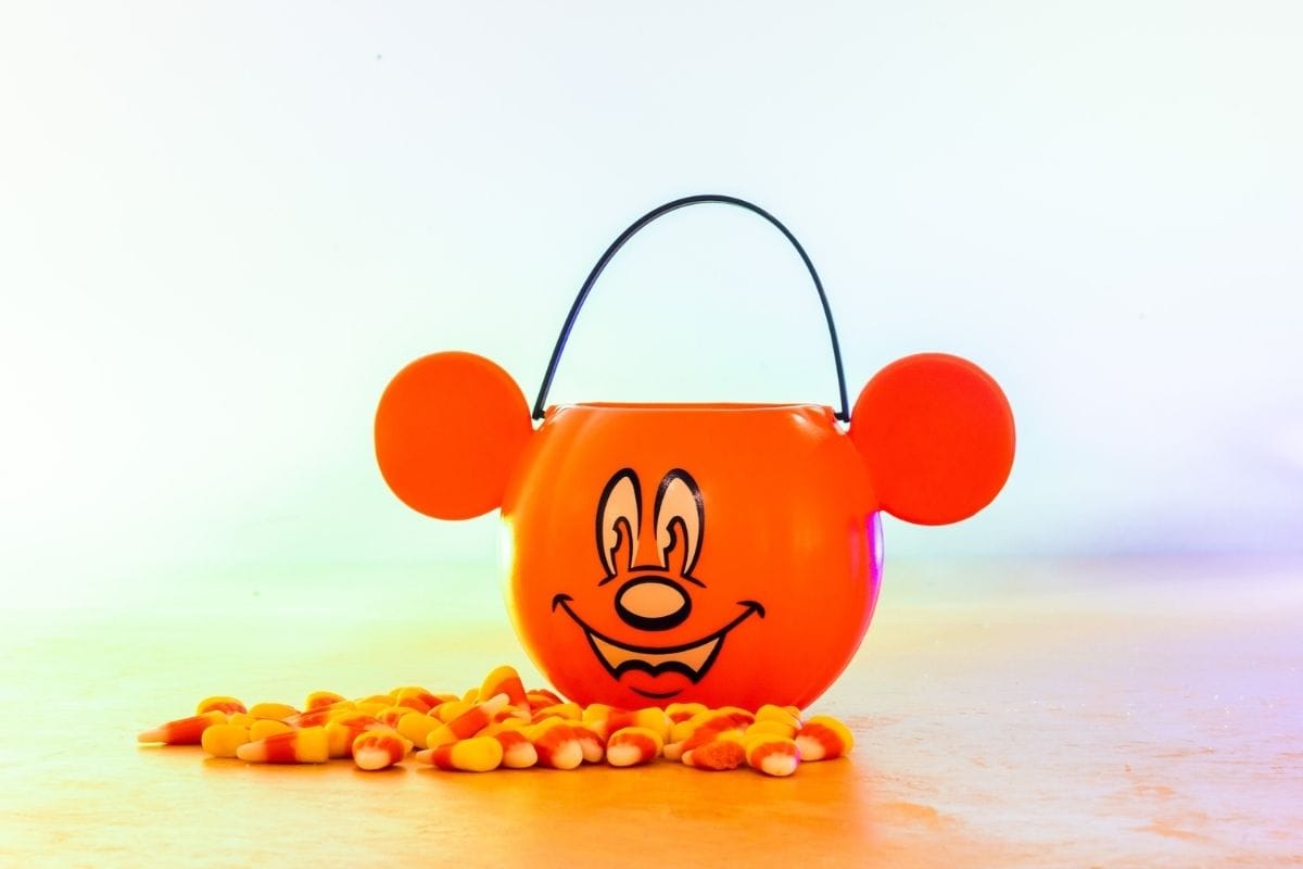 Pumpkin Mickey Mouse bucket filled with candy corn