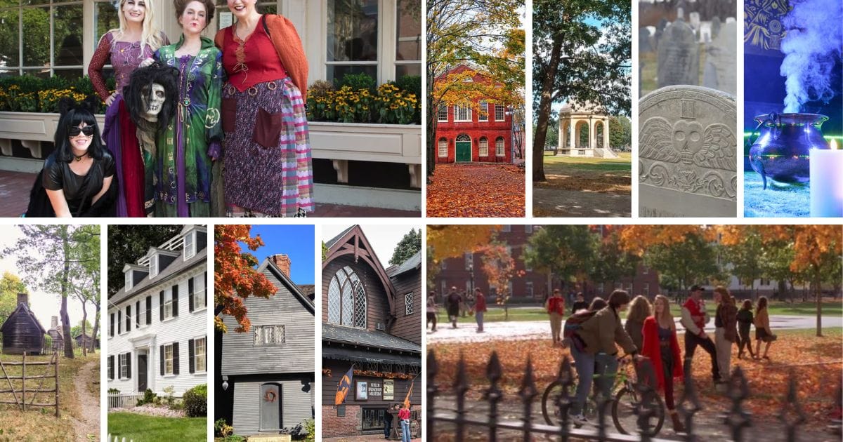 Disney Wish 5-Night Canada & New England Cruise 2027 Booking Guide 7 Multi-photo travel collage showcasing a Halloween shore excursion to Salem, Massachusetts, featuring Hocus Pocus character lookalikes, historic witch trial memorials, historic homes, and fall scenery on Salem Common