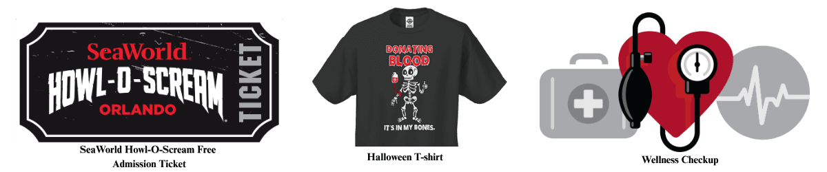 Promotional graphic showing donor rewards: a free SeaWorld Howl-O-Scream admission ticket, a black skeleton Halloween t-shirt, and a wellness checkup icon