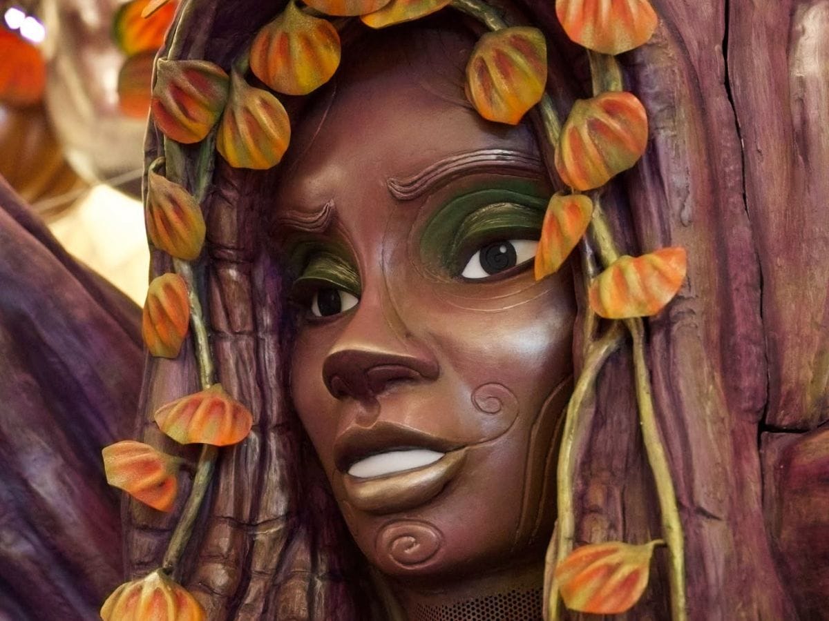 Close-up portrait of Solara the carved face on the Disney Destiny Halloween on the High Seas tree