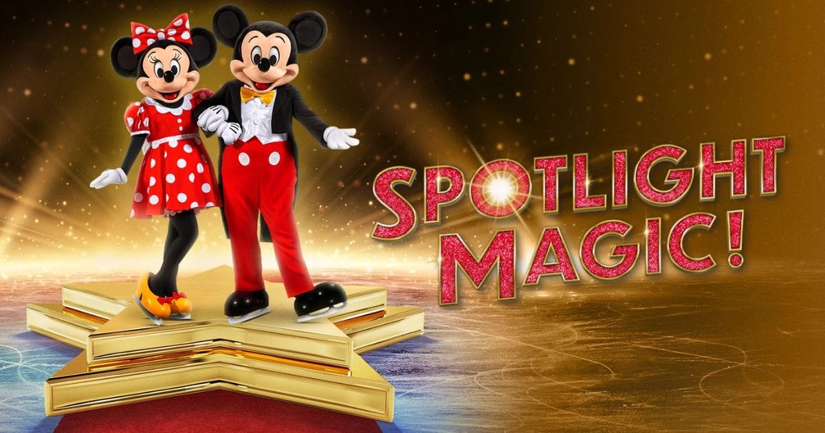 Mickey Mouse and Minnie Mouse skating on a golden star during Disney On Ice Spotlight Magic!