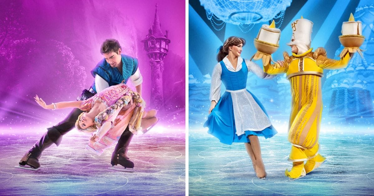 Rapunzel and Flynn Rider from Tangled skating with Belle and Lumiere from Beauty and the Beast