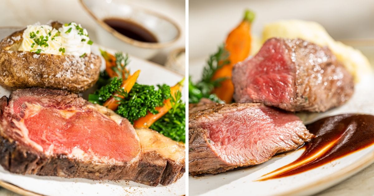 A steak entrée plated with sides at The Turf Club Bar and Grill at Disney's Saratoga Springs Resort
