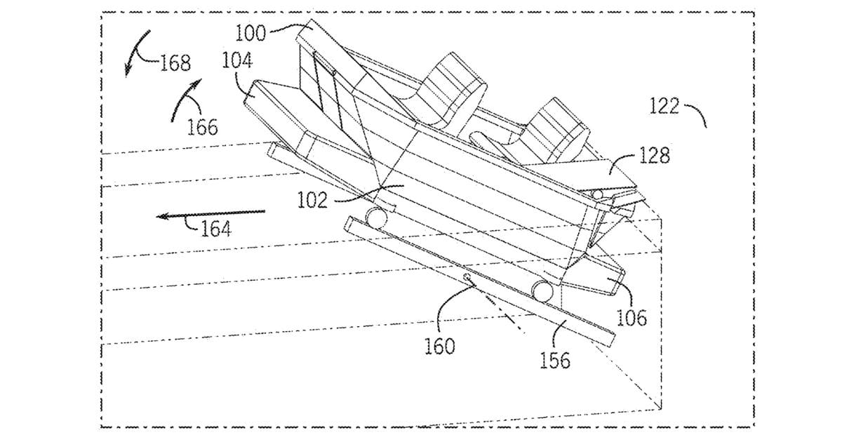 Illustration of a wheelchair and mobility scooter loading onto a tilting ride vehicle platform at a theme park boat attraction