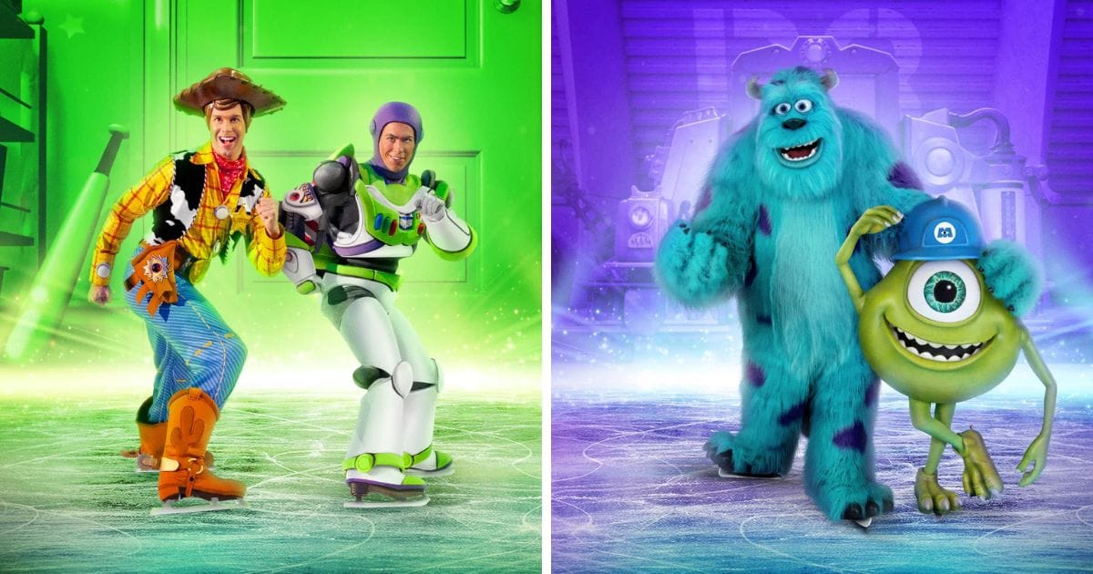 Woody and Buzz Lightyear from Toy Story skating with Sulley and Mike Wazowski from Monsters Inc.