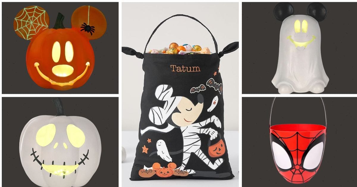 Spider-Man mask treat bucket, Mickey Mouse glow-in-the-dark treat bag, and Kohl's Jack Skellington and Mickey Mouse LED table decor
