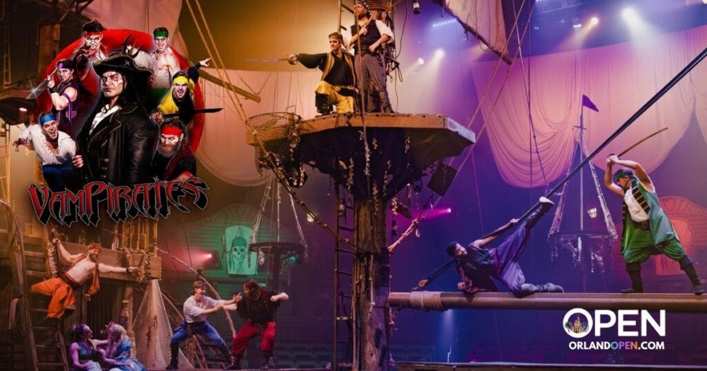 Promotional banner for OrlandoOpen.com featuring the live pirate ship stunt performance composited with the Vampirates cast character graphic.