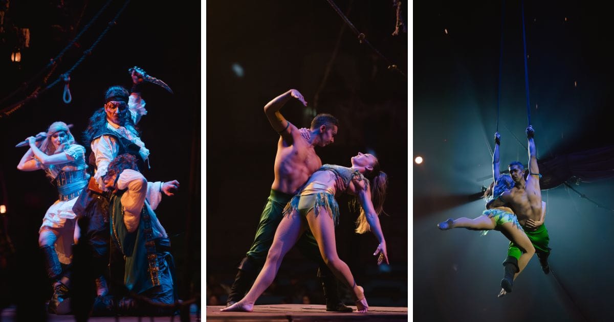 Three-panel collage of Vampirates performers showing a pirate sword duel, an acrobatic adagio lift, and an aerial silks duo