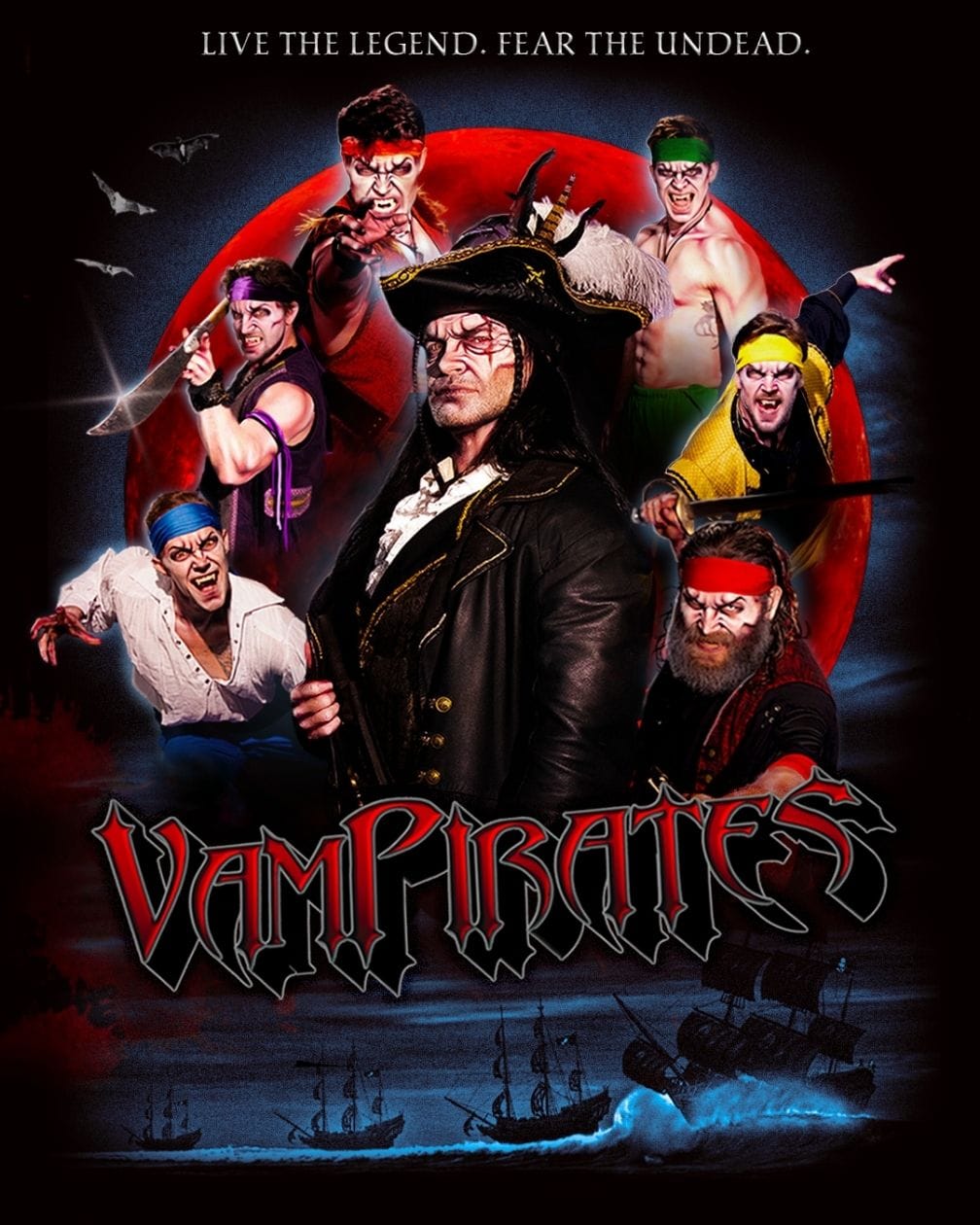 Official Vampirates promotional poster showing the vampire pirate captain and crew beneath a blood-red moon with ghost ships