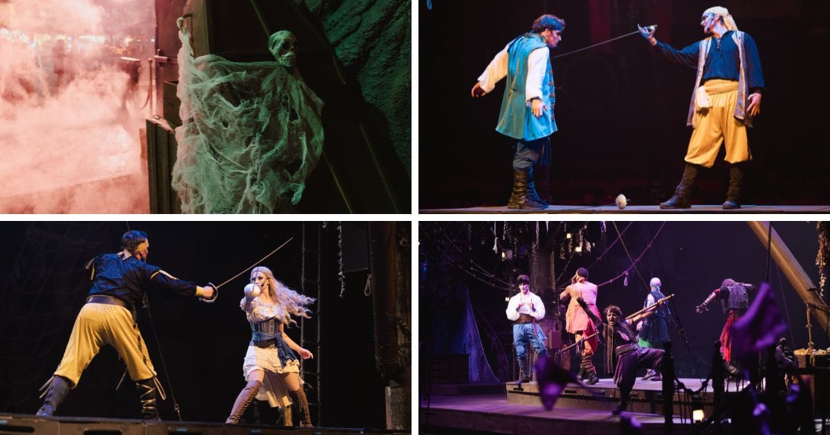 Four-panel collage from the Vampirates stage show with a fog-shrouded skeleton prop, rapier duelists, a female pirate sword fighter, and a full ensemble scene