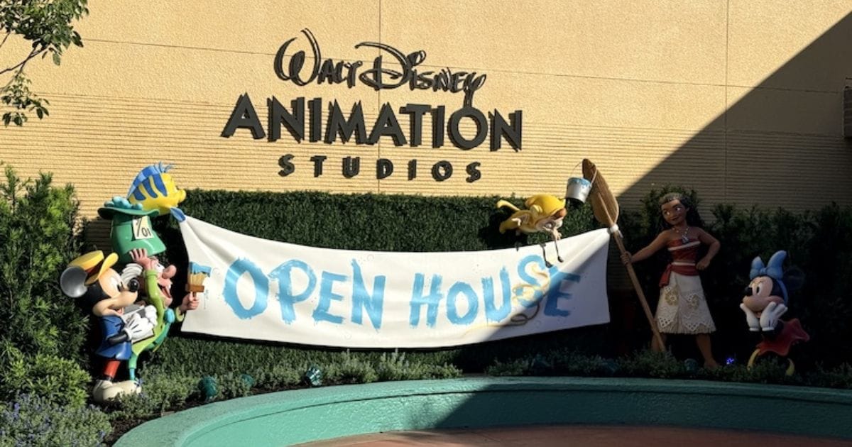 Welcome banner reading Open House held by figures of Mad Hatter, Flounder, Moana, Jaq, and Minnie Mouse under the Walt Disney Animation Studios sign