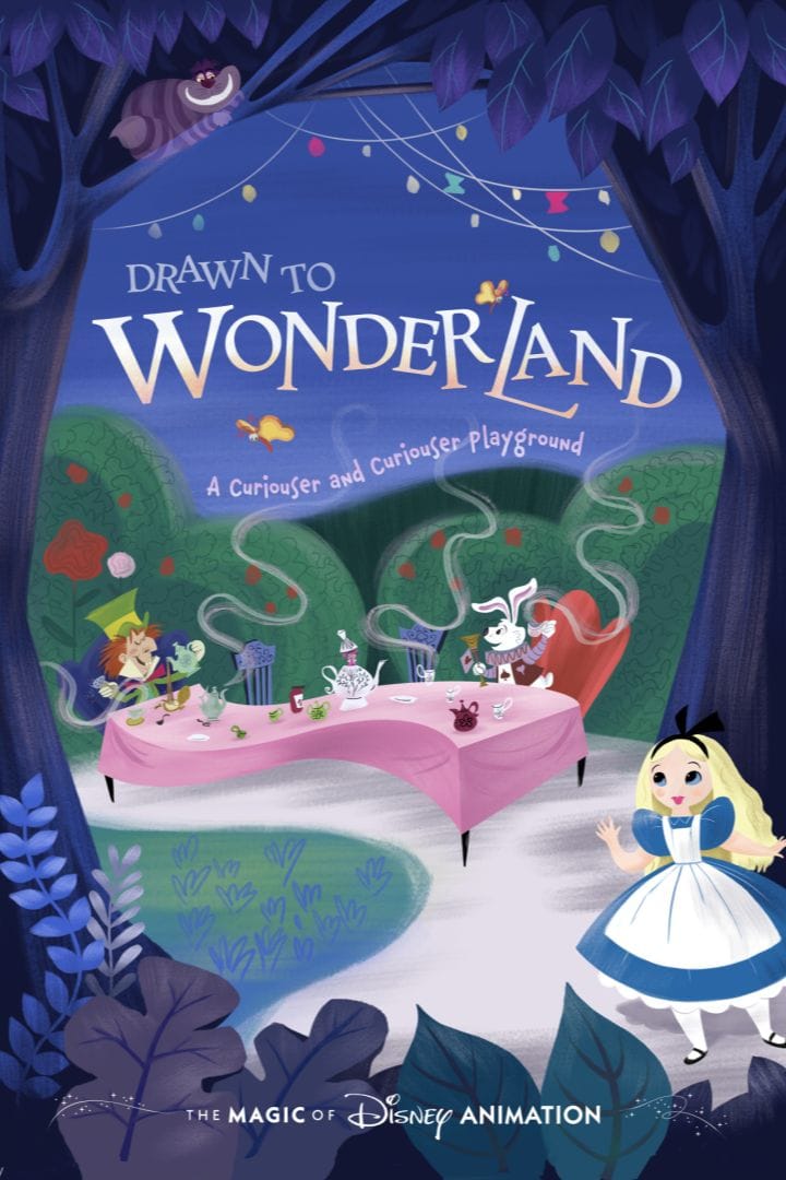 Attraction poster for Drawn to Wonderland featuring Alice, Mad Hatter, and March Hare tea party art styled after Mary Blair concept art