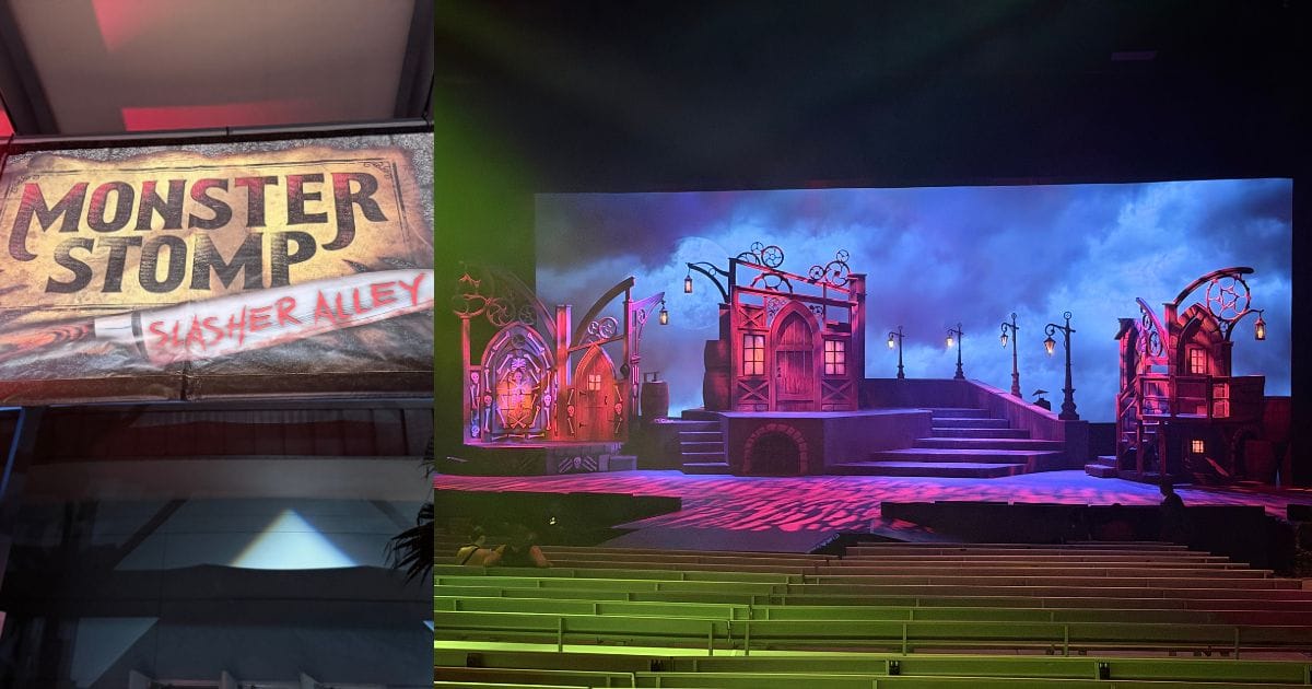 The gothic theater stage set for the Monster Stomp Slasher Alley show at SeaWorld Orlando Howl-O-Scream