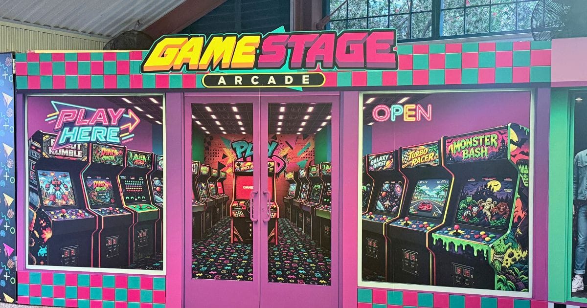 Vintage 1990s Game Stage arcade storefront at The Rewind bar area in SeaWorld Orlando Howl-O-Scream