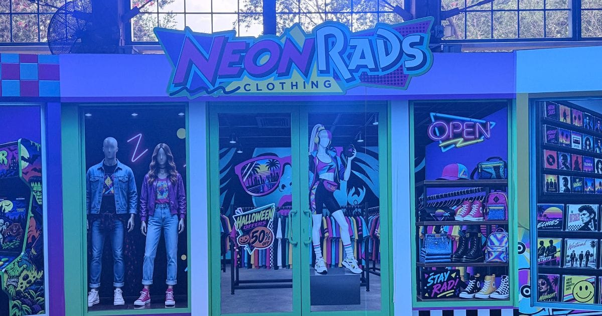 Neon Rads Clothing retro storefront displaying 80s and 90s apparel at SeaWorld Orlando Howl-O-Scream