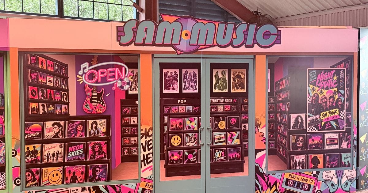 Retro Sam Music record store facade featuring vinyl records and CDs at SeaWorld Orlando Howl-O-Scream