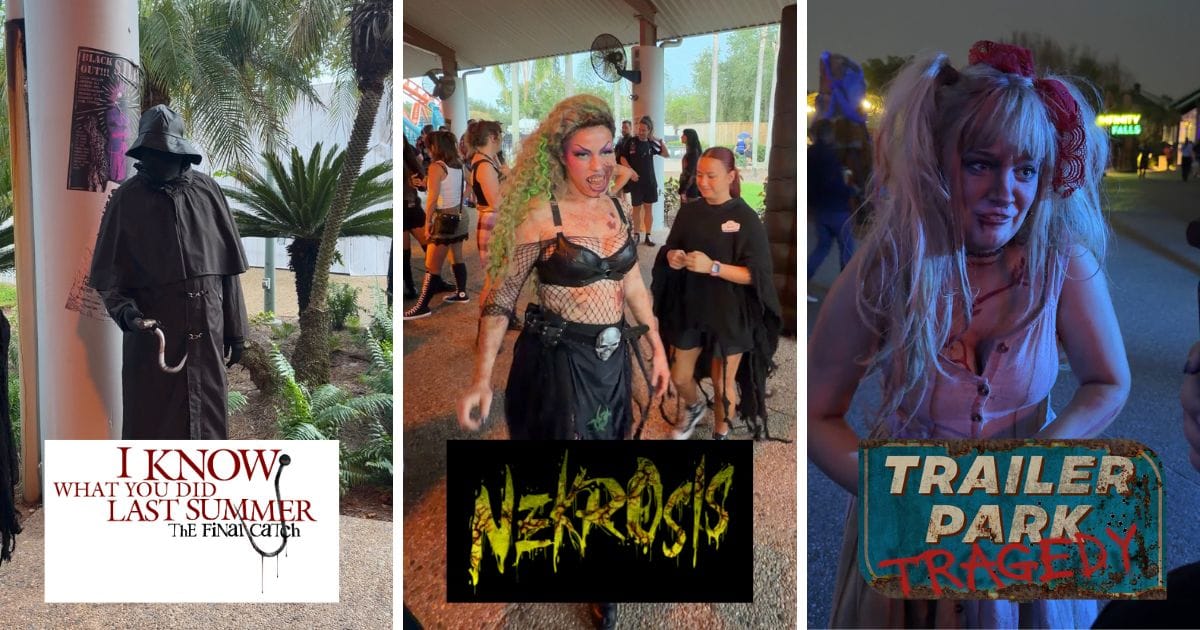 Collage of three scare actors at SeaWorld Orlando Howl-O-Scream from I Know What You Did Last Summer, Nekrosis, and Trailer Park Tragedy
