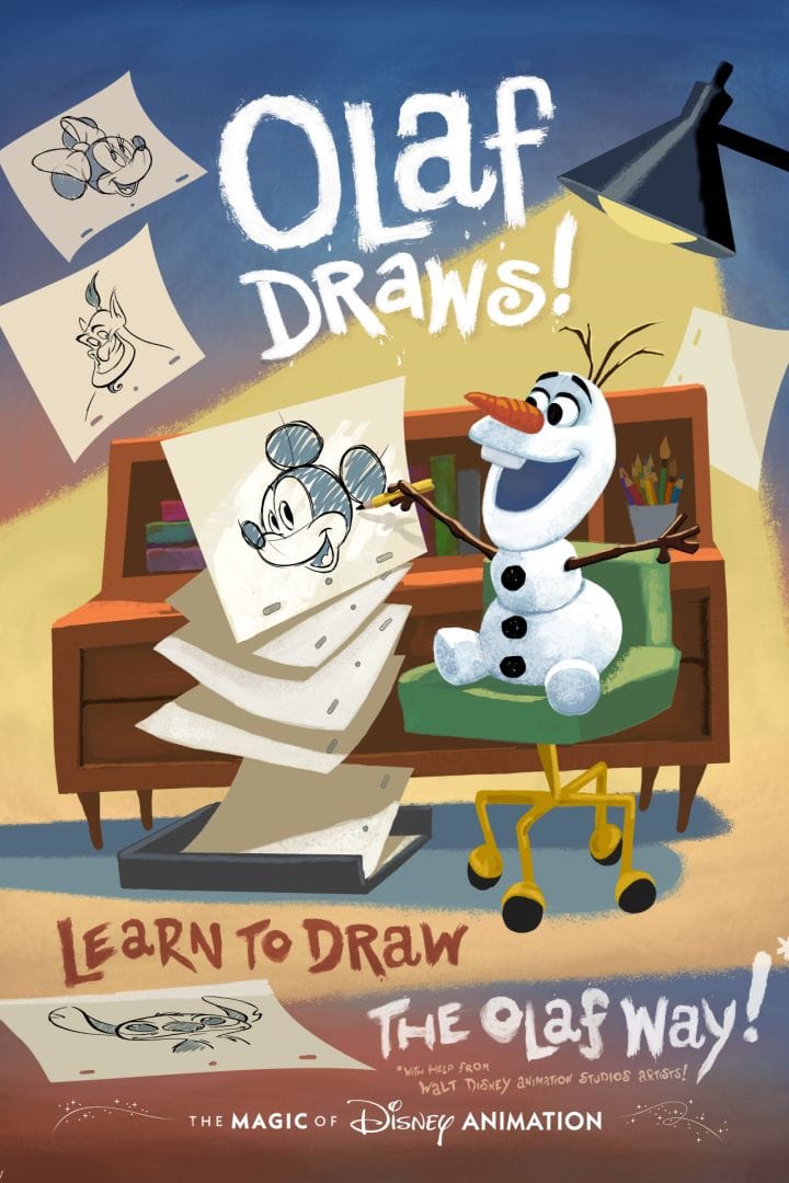 Poster for Olaf Draws showing an animatronic Olaf sitting on an artist stool holding a pencil while sketching Mickey Mouse