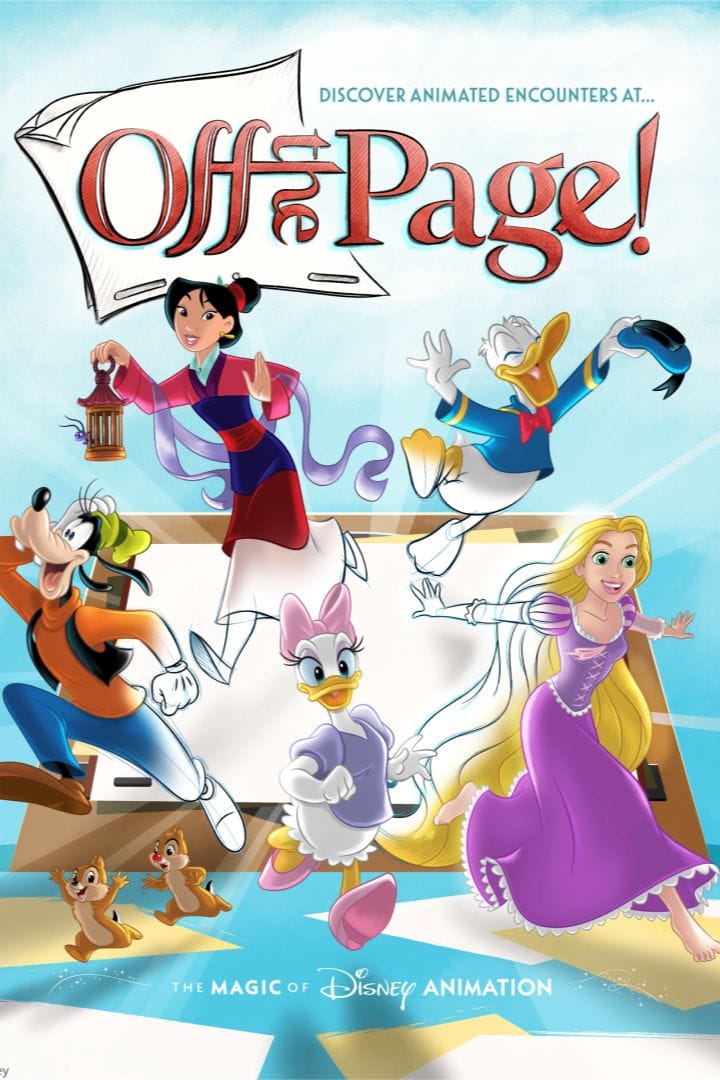 Character poster for Off the Page featuring Mulan, Donald Duck, Daisy Duck, Rapunzel, Goofy, and Chip 'n' Dale bursting out of an animation desk