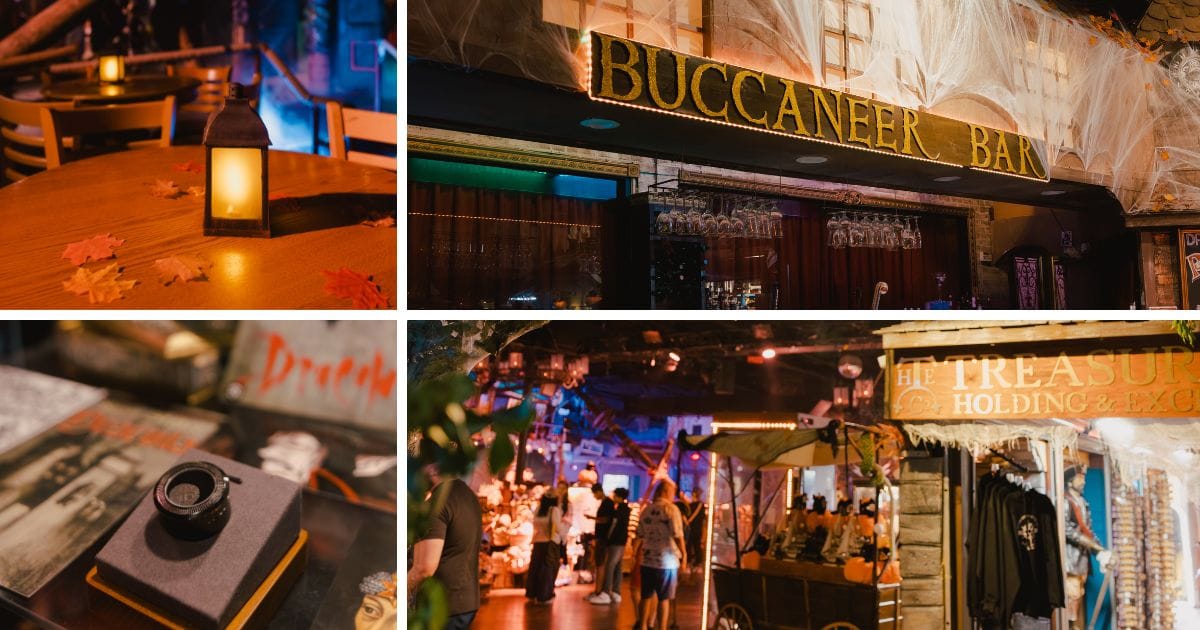 Collage of pre-show amenities at Vampirates including the Buccaneer Bar, souvenir gift shop, ambient tavern tables, and Dracula themed merchandise