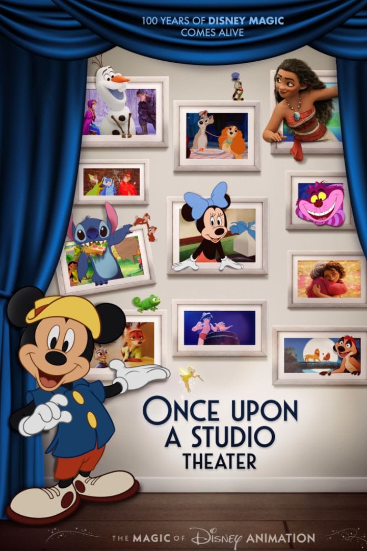 Once Upon A Studio Theater poster featuring Mickey Mouse in an animator cap surrounded by framed portraits of animated Disney characters