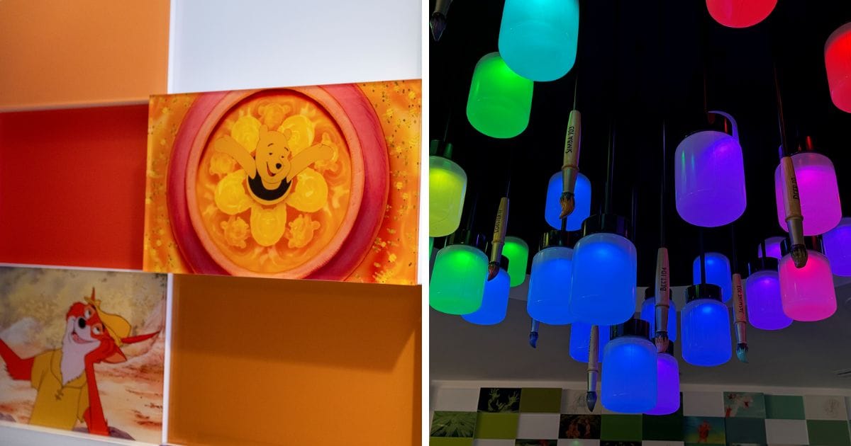 Split view of a Winnie the Pooh honey pot color study beside a modern chandelier made of glowing, illuminated paint bottles and brushes
