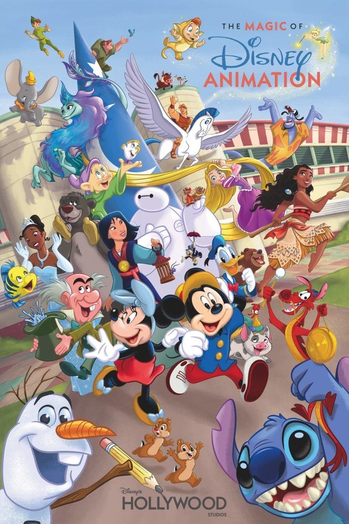Main key art for The Magic of Disney Animation showing classic and modern Disney characters charging in front of the Sorcerer Mickey Hat building