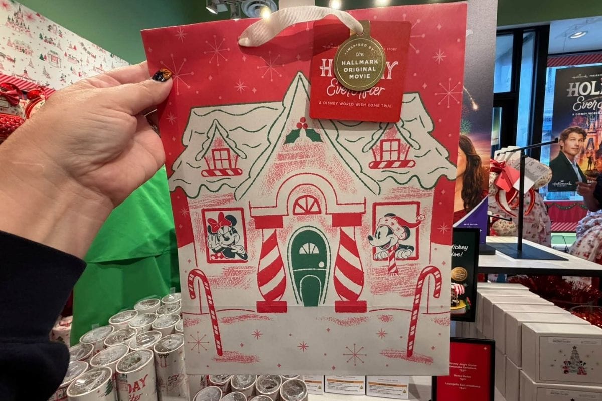 Large 13-inch gingerbread house themed Christmas gift bag at Disney Springs pop-up