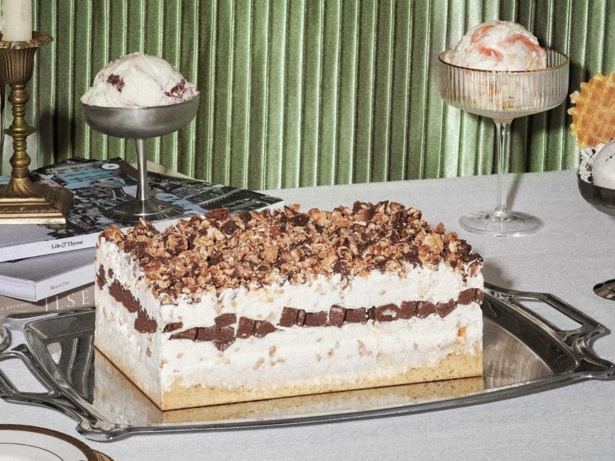 Almond Brittle Cake topped with crunchy brittle pieces