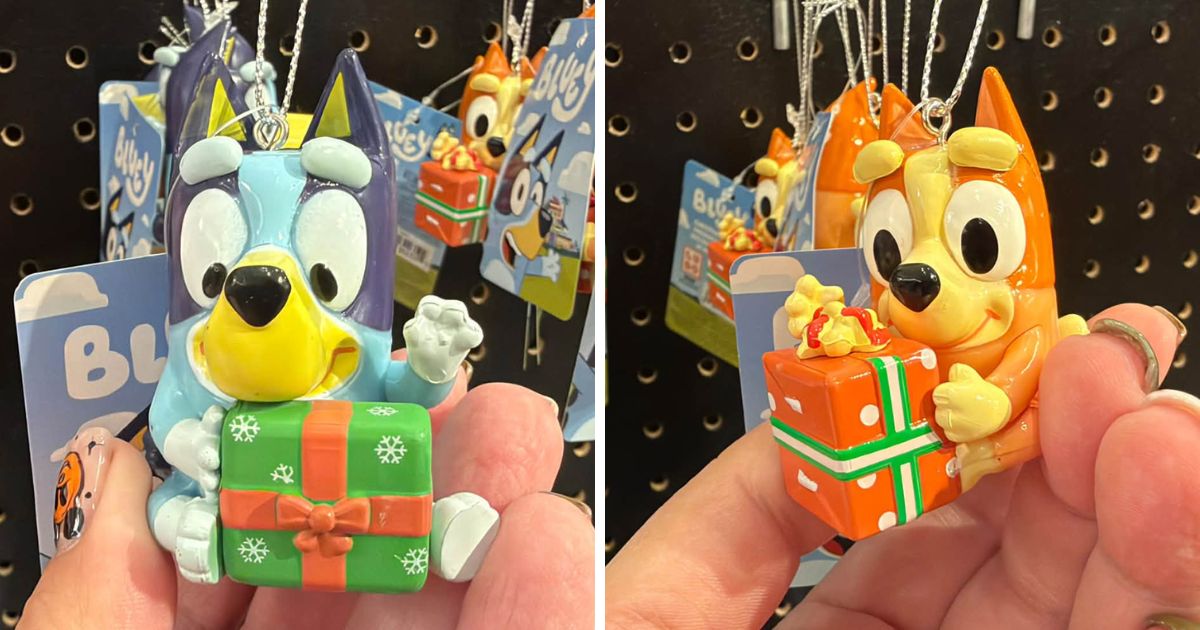 Bluey and Bingo Christmas ornaments hanging on a rack at Spirit Christmas