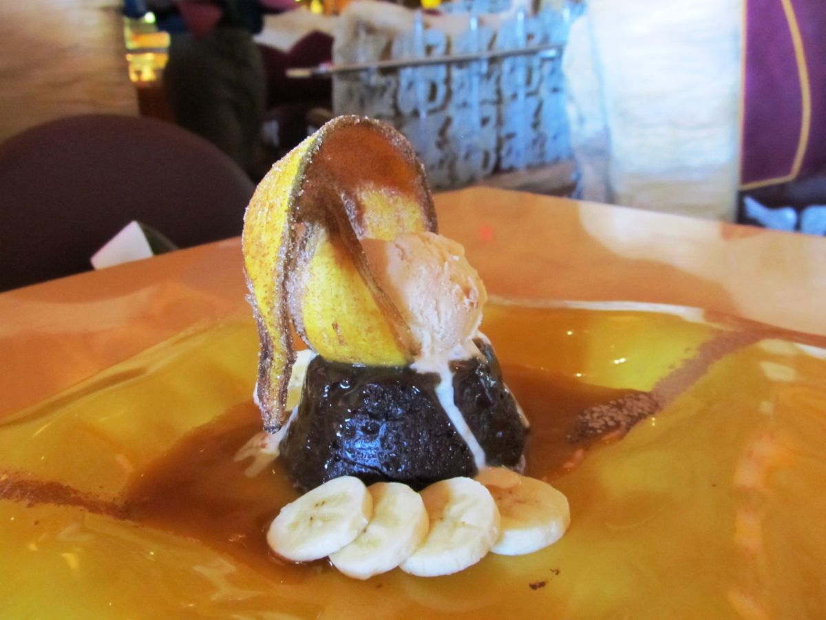 Warm flourless chocolate banana gooey cake served at Mythos Restaurant