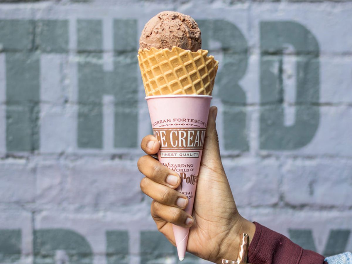 Hard-packed chocolate chili ice cream served in a waffle cone