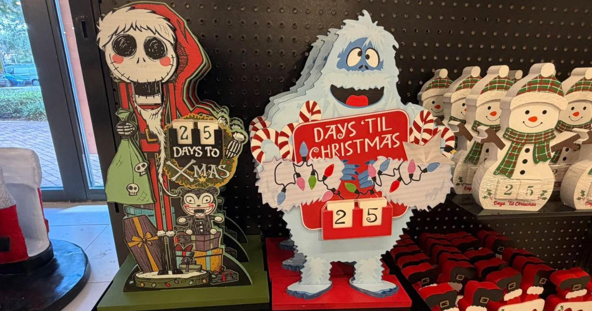 Countdown to Christmas sign and holiday merchandise inside Spirit Christmas