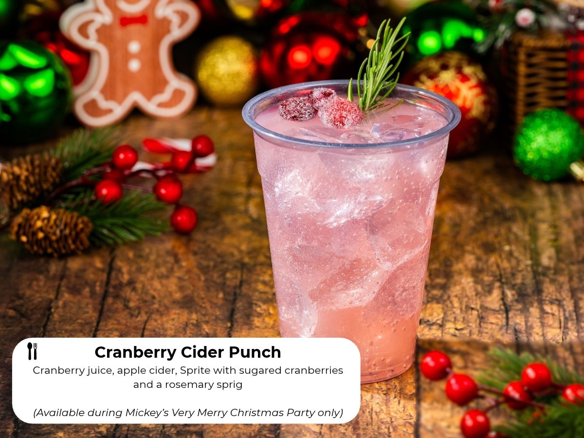 Cranberry Cider Punch garnished with sugared cranberries and rosemary