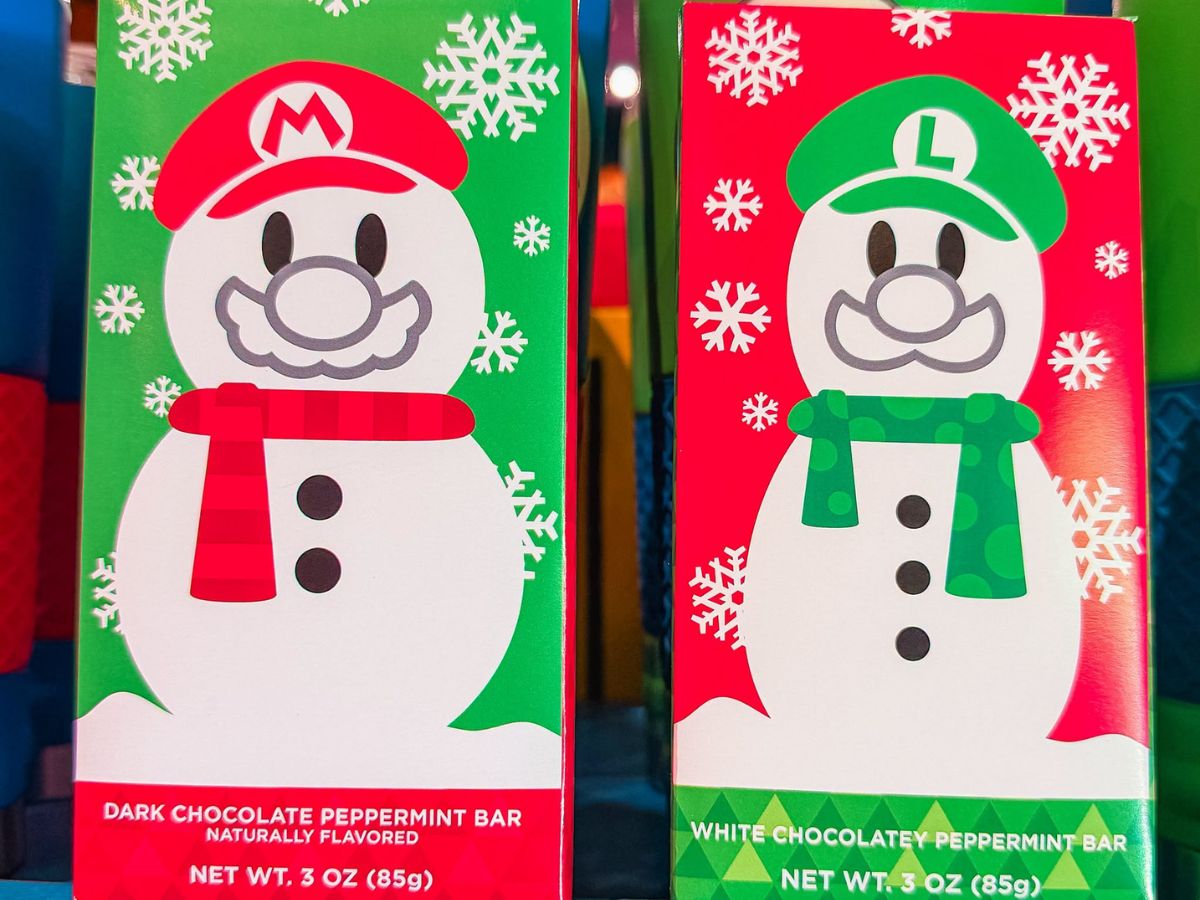 Dark and white chocolate peppermint Mario and Luigi snowmen candy bars