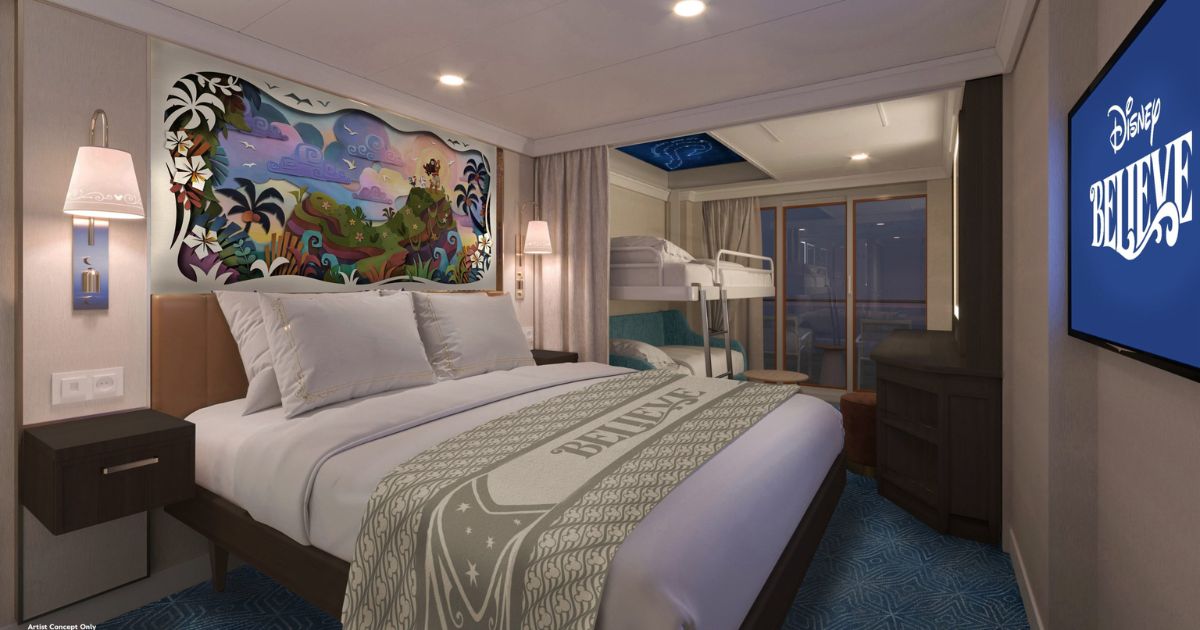 A Deluxe Family stateroom with a verandah that sleeps four
