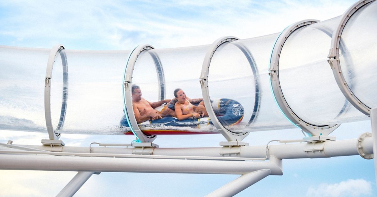 The AquaMouse water coaster attraction on the upper deck of the Disney Believe