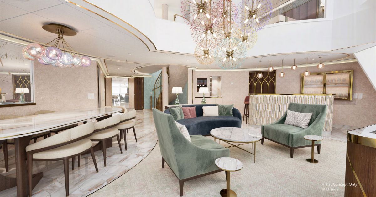 Living area inside the Believe Tower Suite on the Disney Believe
