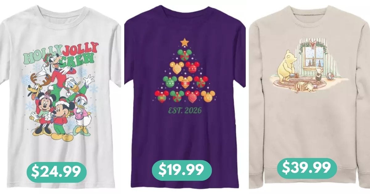 Disney Christmas T-shirts in green, red, and heathered colorways