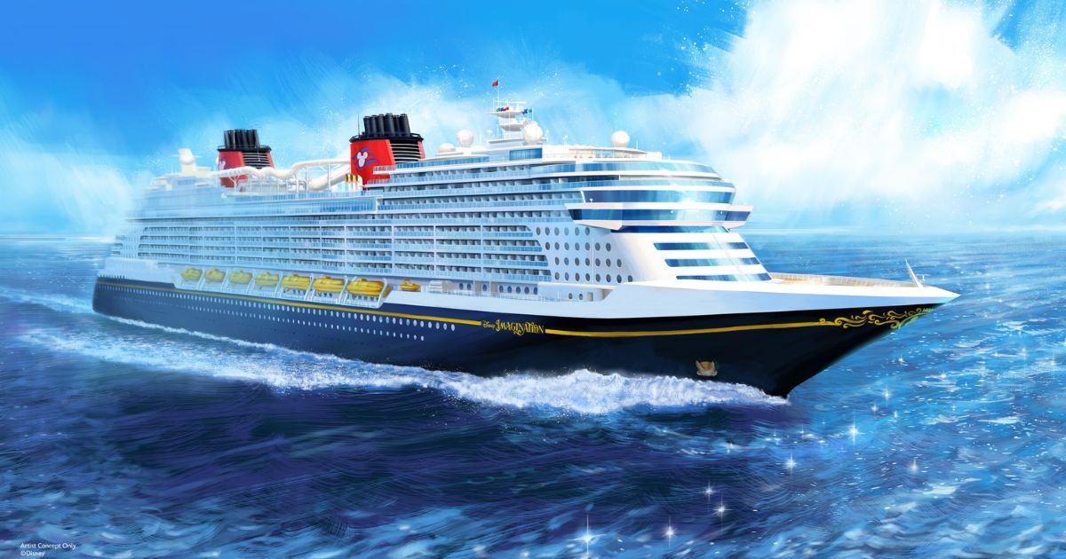 Concept art of the Disney Imagination cruise ship sailing on the ocean