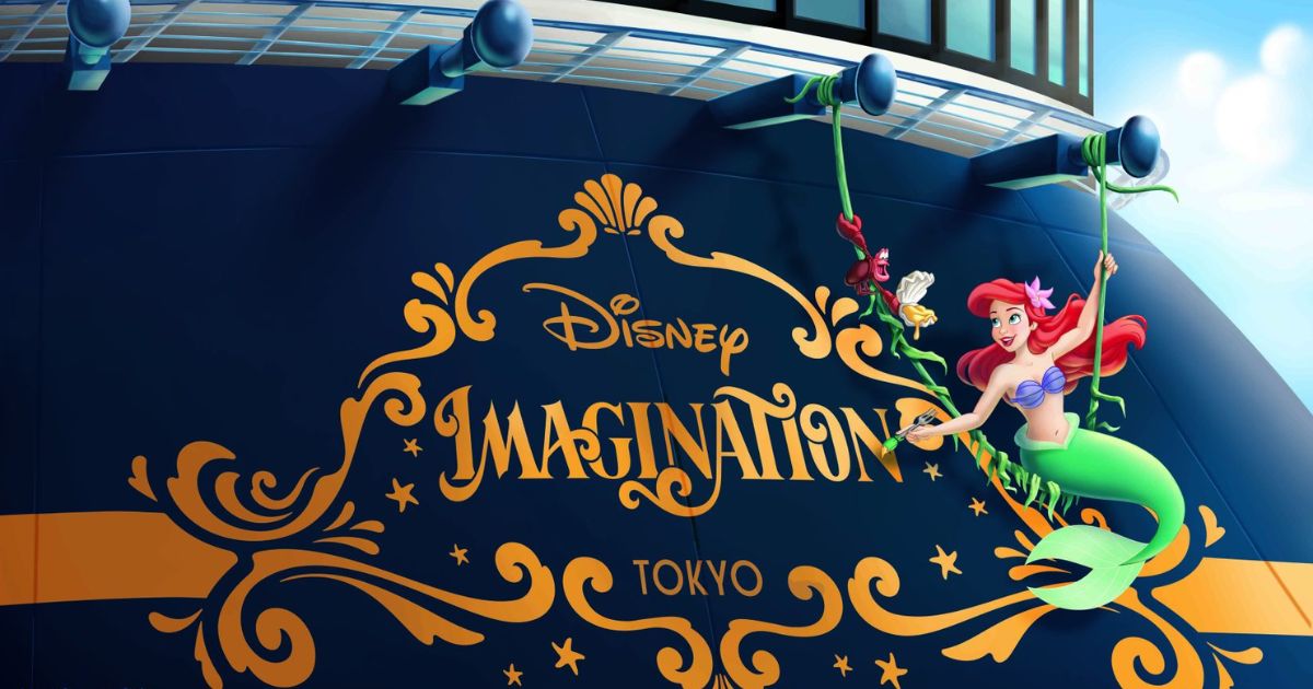 Concept art of Ariel and Sebastian from The Little Mermaid on the stern of the Disney Imagination cruise ship