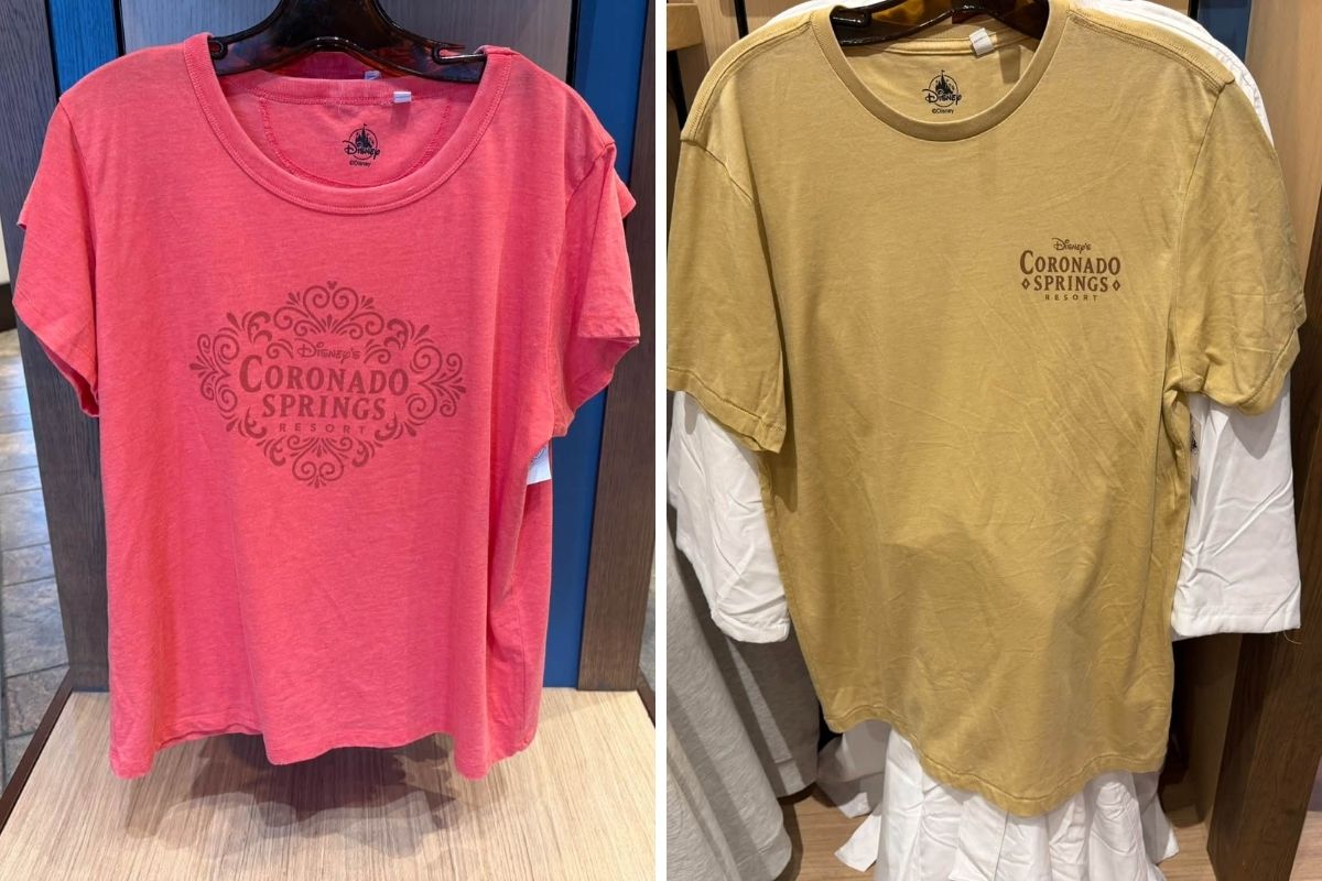 Red and tan t-shirts on a rack at Coronado Springs