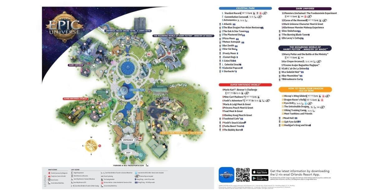 Universal Epic Universe park map showing Celestial Park at the center and the four surrounding worlds