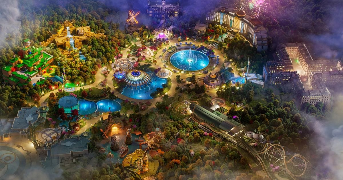 Aerial overview of Universal Epic Universe and its central Celestial Park hub
