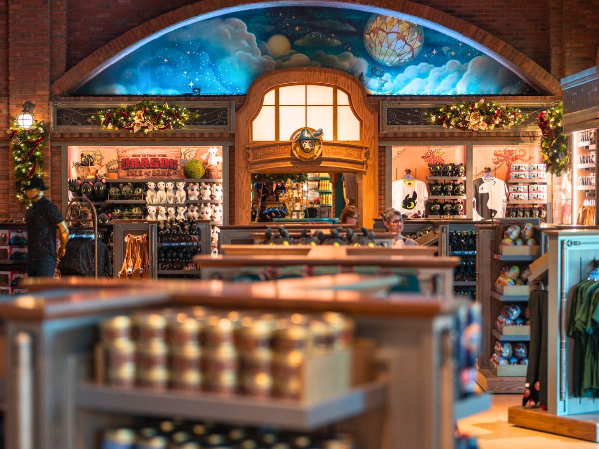 Holiday retail displays and themed Christmas store decorations at Universal Orlando Resort